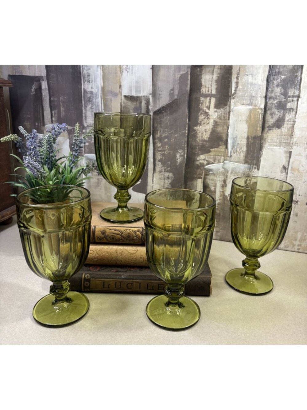 Libbey Vintage Gibralter Iced Tea Glass Goblet Olive Green Set of Four